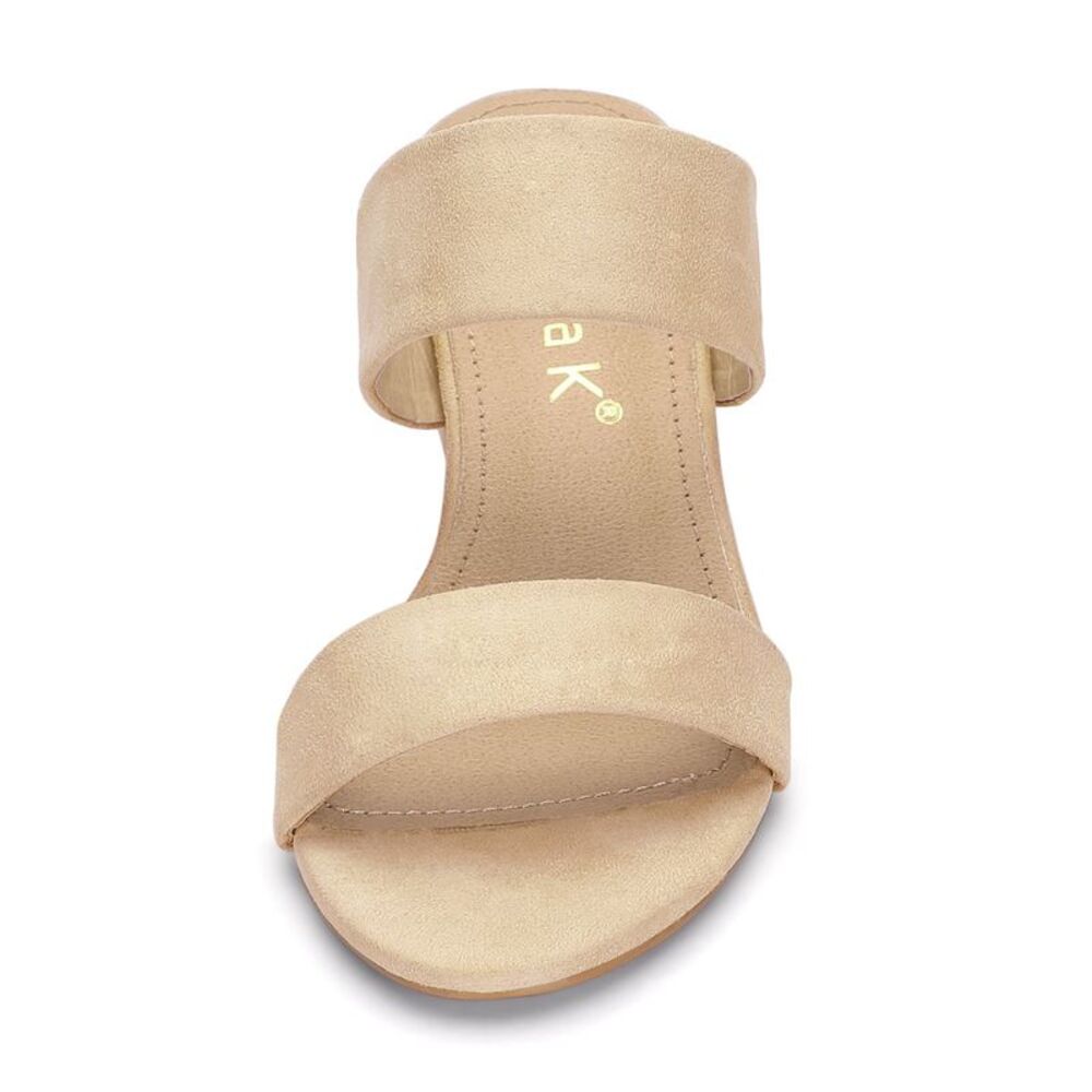 Women's Open Toe Mid Chunky Heel Dual Straps Beige Slide Sandals - Picture 2 of 6